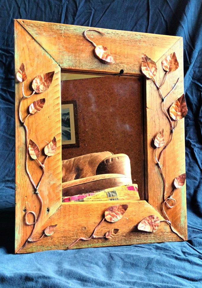 Medium size mirror made from recycled wood and copper
