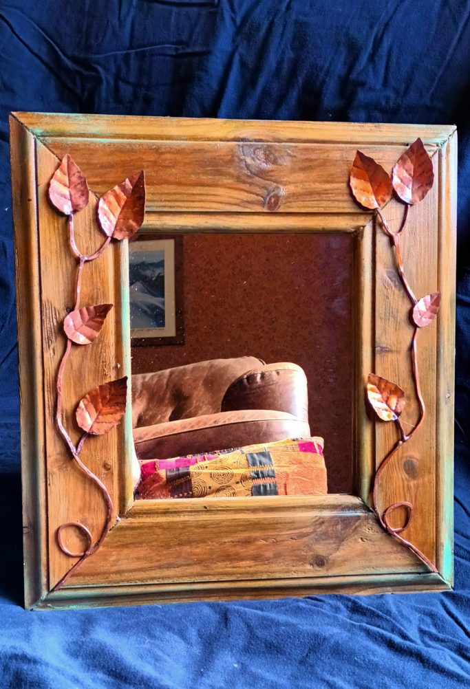 Small mirror made from recycled wood and copper