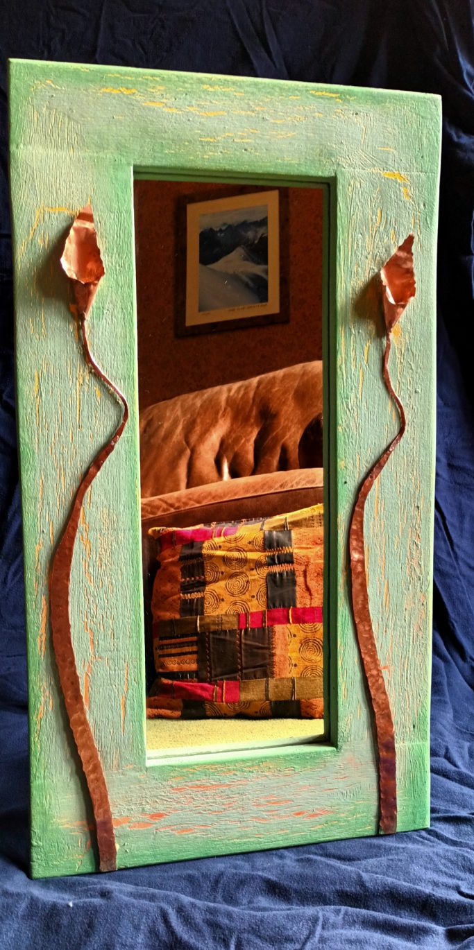 Large mirror with distressed paint and recycled copper